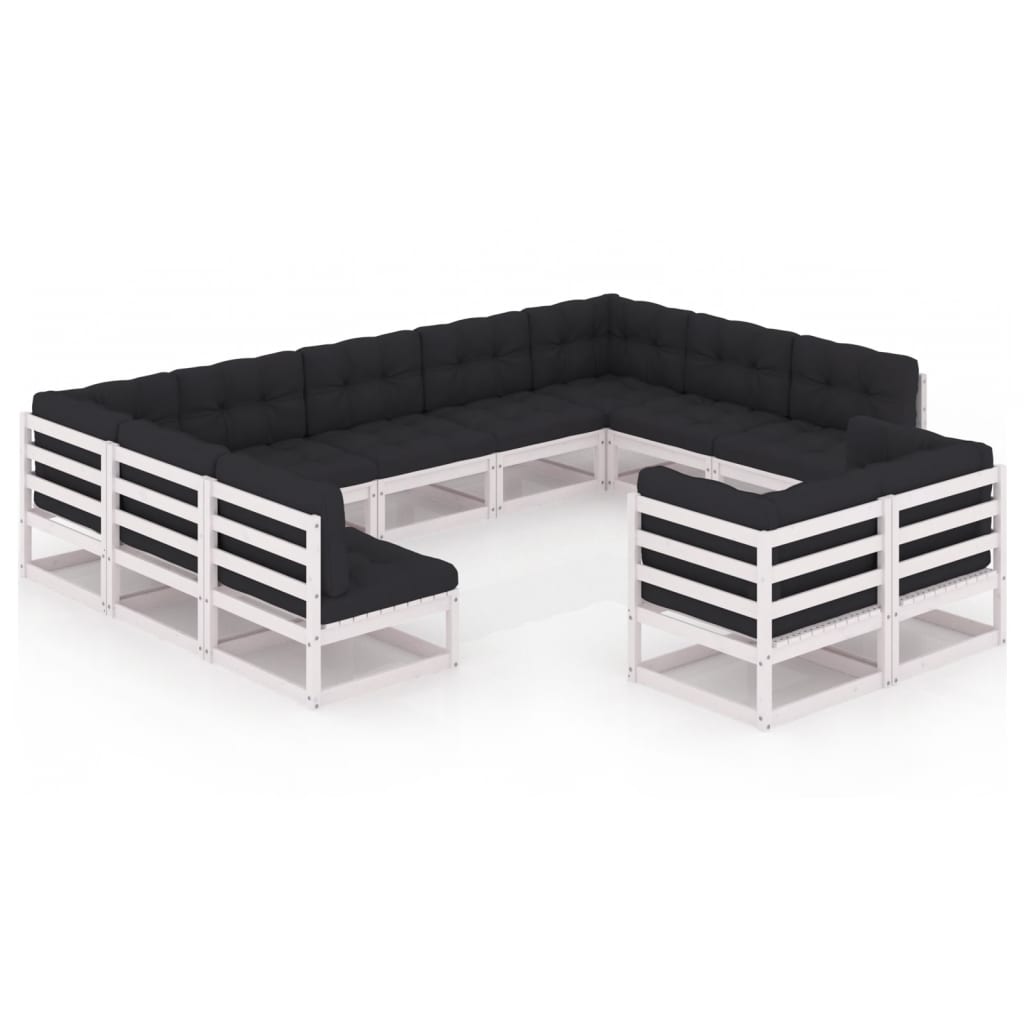 11-tlg. Garten-Lounge-Set mit Kissen Weiss Kiefer Massivholz